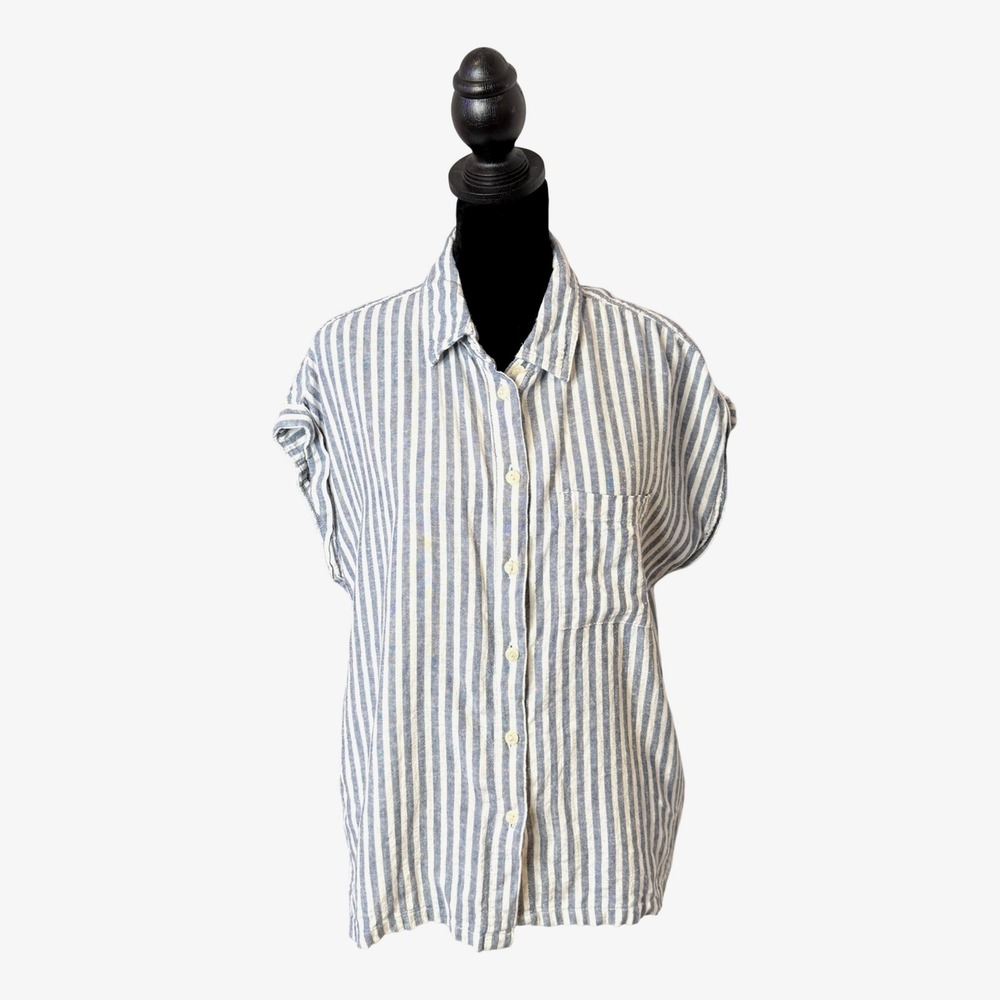 Orvis Linen Blend Striped Boxy Top Womens S Blue Striped Coastal Minimalist BOHO